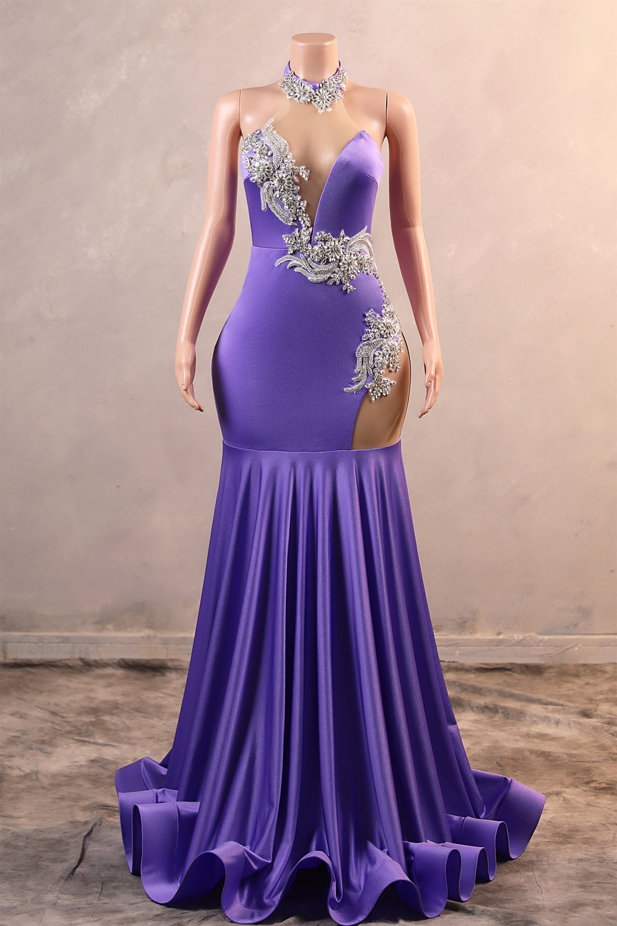 Lilac High neck Silver Applqiues Mermaid Satin Prom Dresses