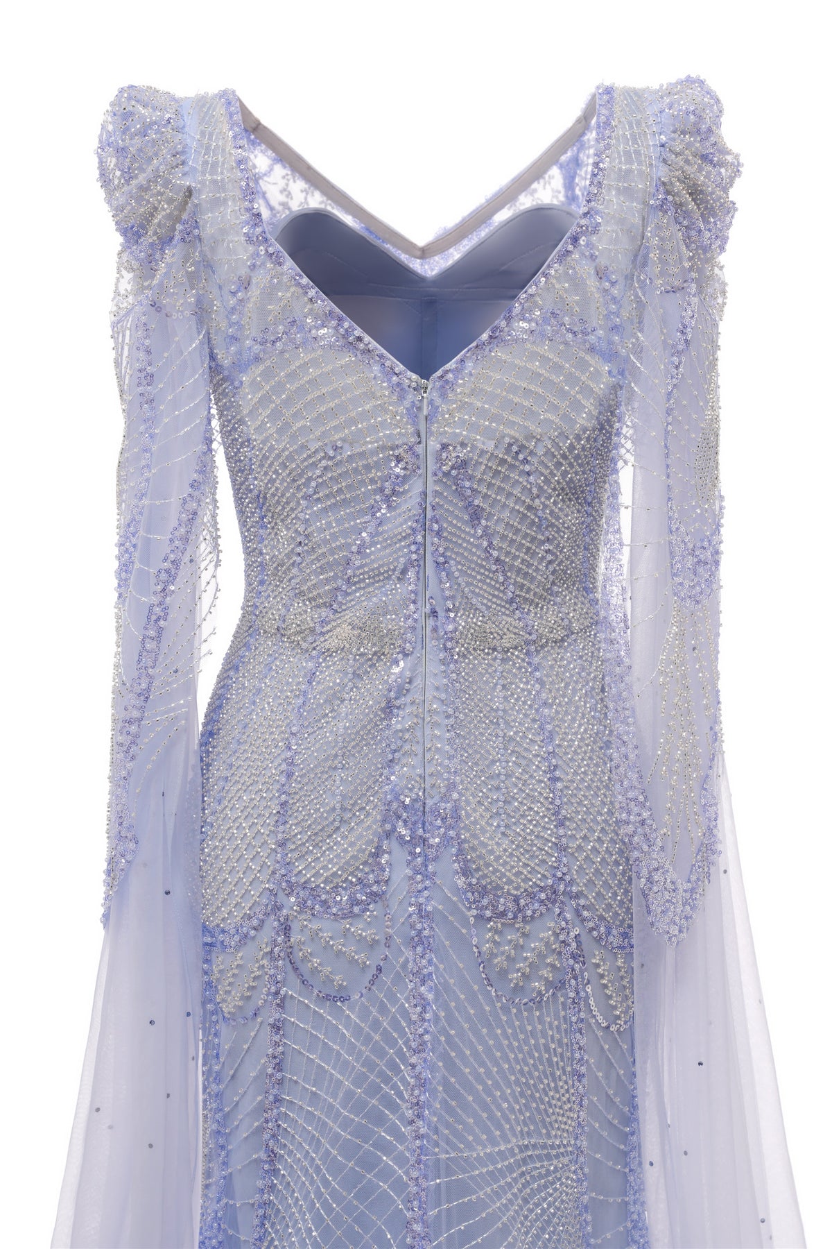 Lilac Tulle Beaded V-Neck Mermaid Tulle Evening Dresses