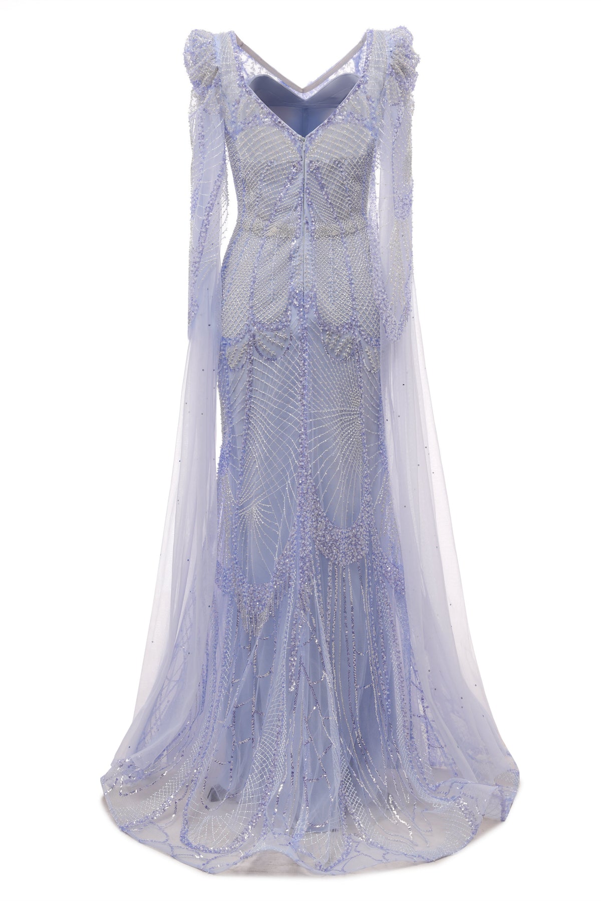 Lilac Tulle Beaded V-Neck Mermaid Tulle Evening Dresses
