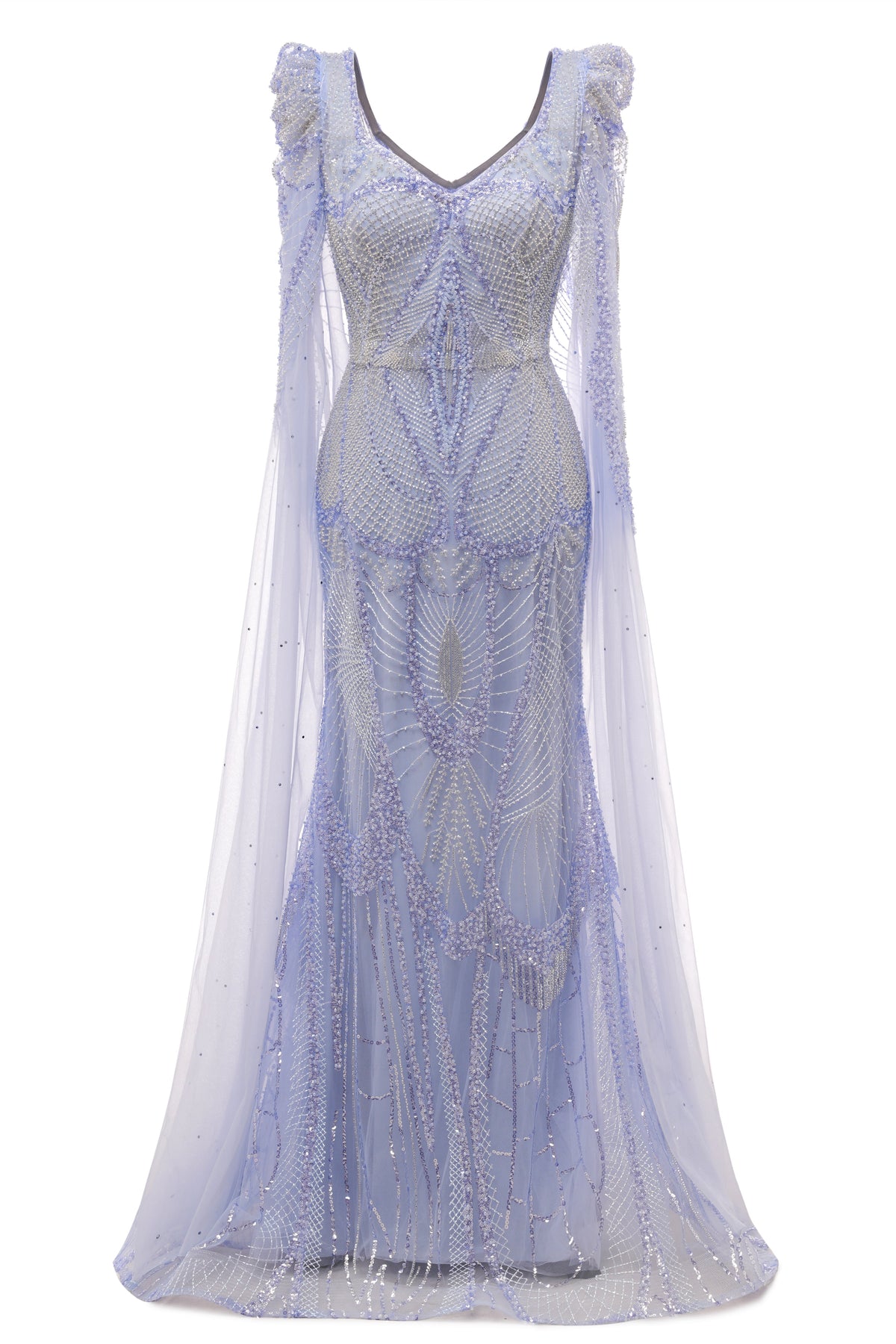 Lilac Tulle Beaded V-Neck Mermaid Tulle Evening Dresses