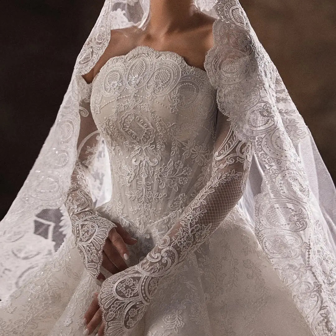Luxury White Lace Long Sleeve Fitted Train Wedding Dress with Veil ZP155 - View 4 | VelvetHem