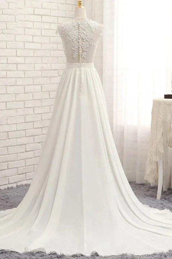 Long A-line Appliques Lace Chiffon Wedding Dress with Slit (ZD14415)