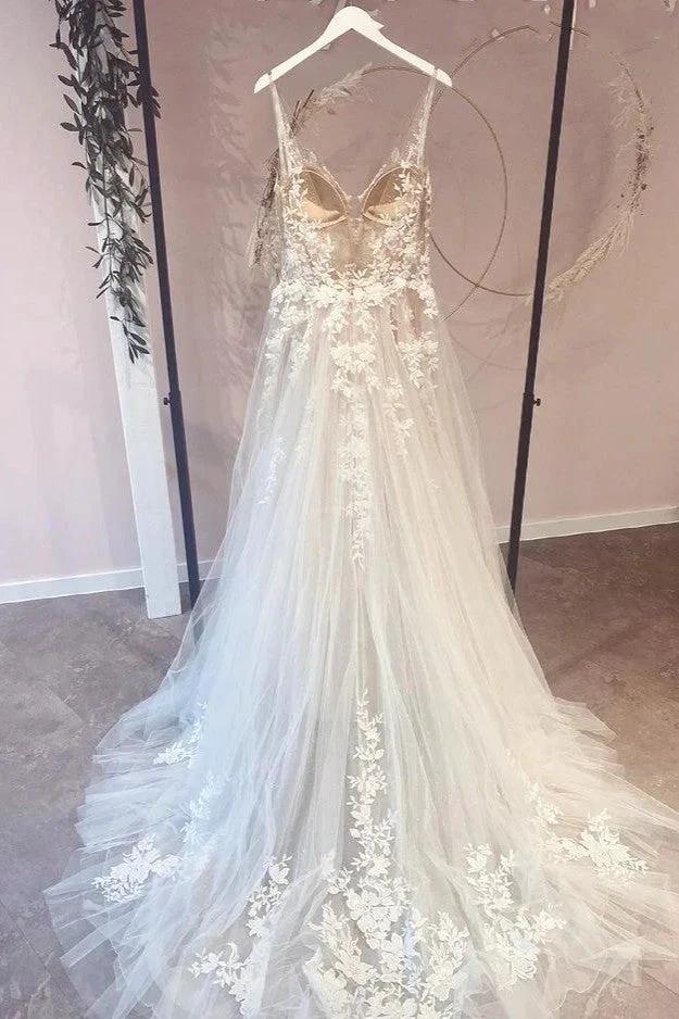Long A-Line Appliques Lace Spaghetti Straps Sweetheart Tulle Wedding Dresses (ZD15216)