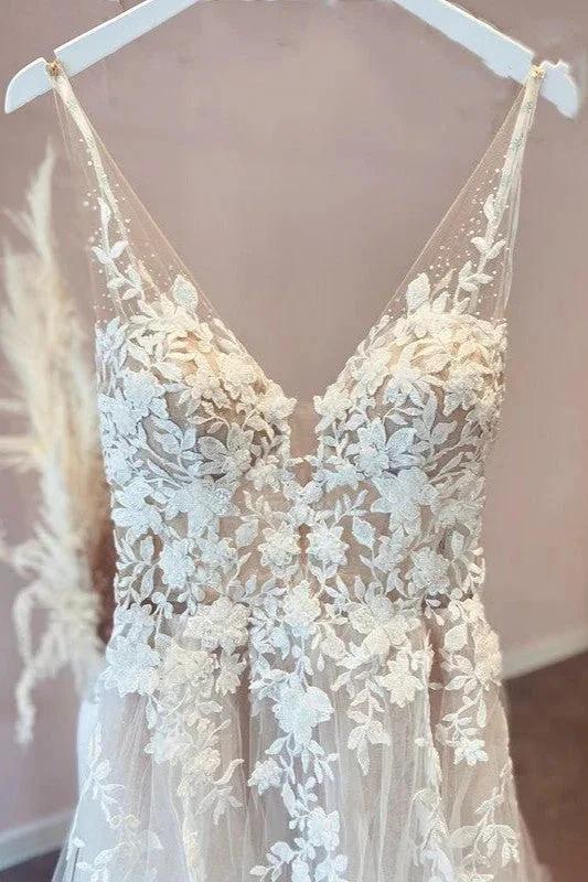 Long A-Line Appliques Lace Spaghetti Straps Sweetheart Tulle Wedding Dresses (ZD15216)