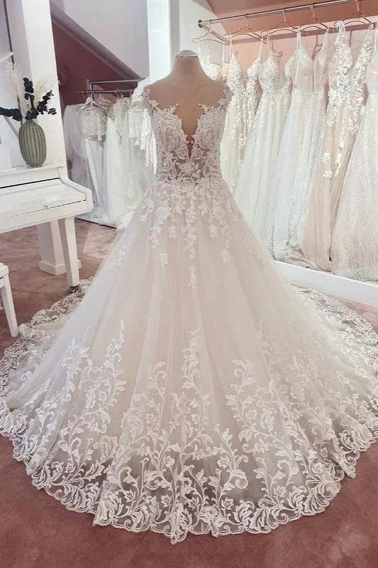 Long A-Line Appliques Lace Sweetheart Tulle Wedding Dress (ZD15215)