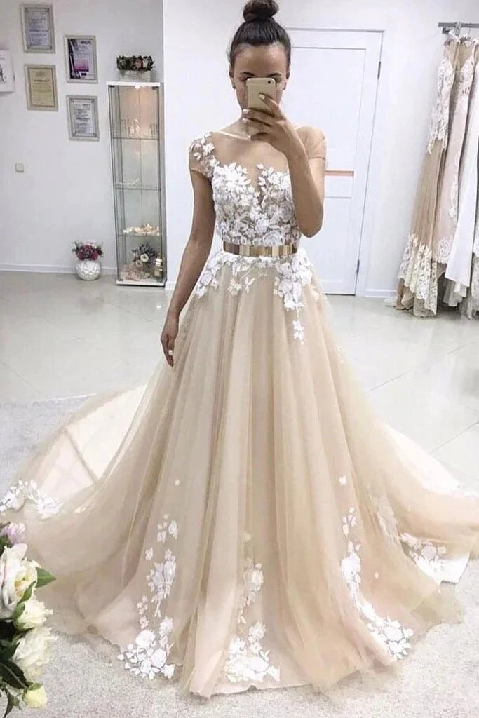 Long A-line Bateau Lace Appliqued Gold Sash Wedding Dress with Sleeves (ZD15844)