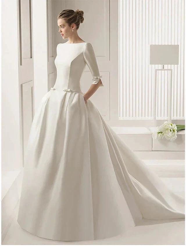 Long A-Line Bateau Neck Polyester Half Sleeve Backless Wedding Dresses with Pockets (ZD15969)