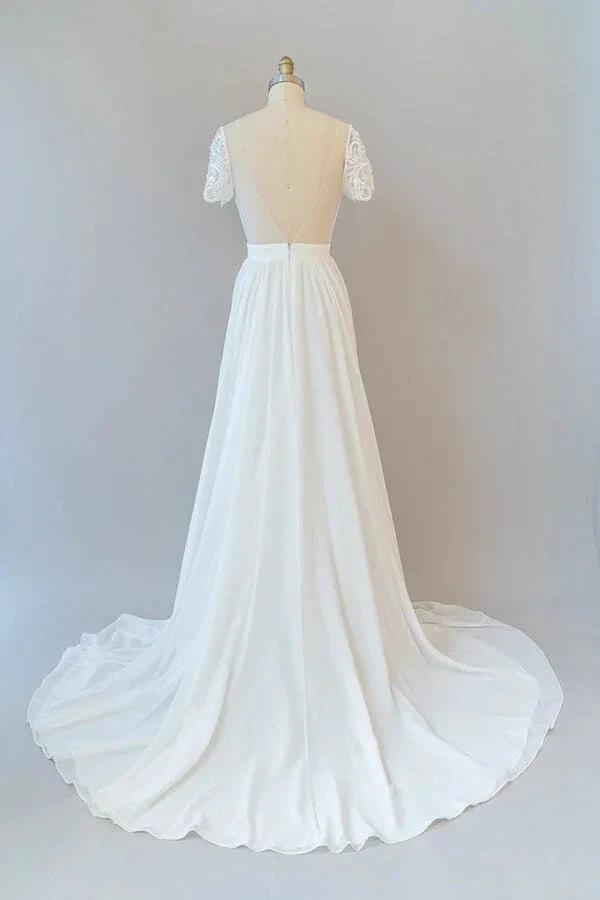 Long A-line Chiffon Backless Wedding Dress with Sleeves (ZD14386)