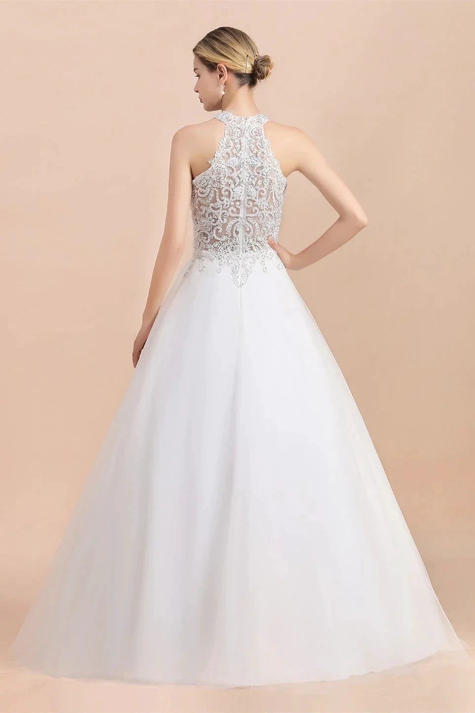 Long A-line Halter Lace Appliques Sequins Sleeveless Wedding Dress (ZD14416)