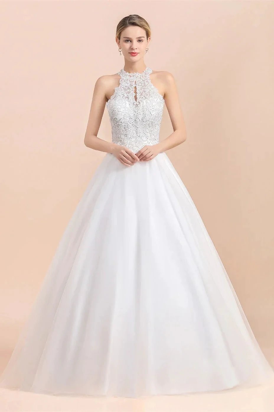 Long A-line Halter Lace Appliques Sequins Sleeveless Wedding Dress (ZD14416)