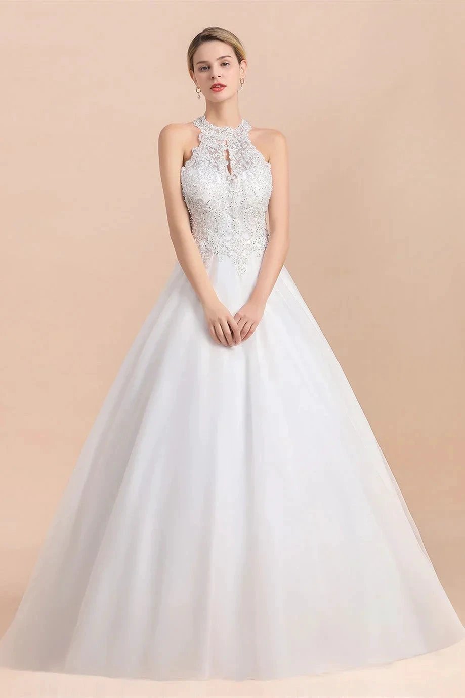 Long A-line Halter Lace Appliques Sequins Sleeveless Wedding Dress (ZD14416)
