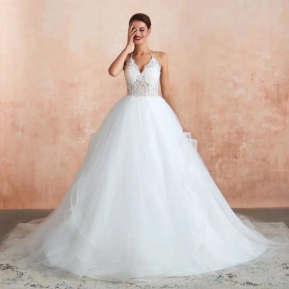 Long A-line Halter Open Back Appliques Tulle Wedding Dress (ZD14400)