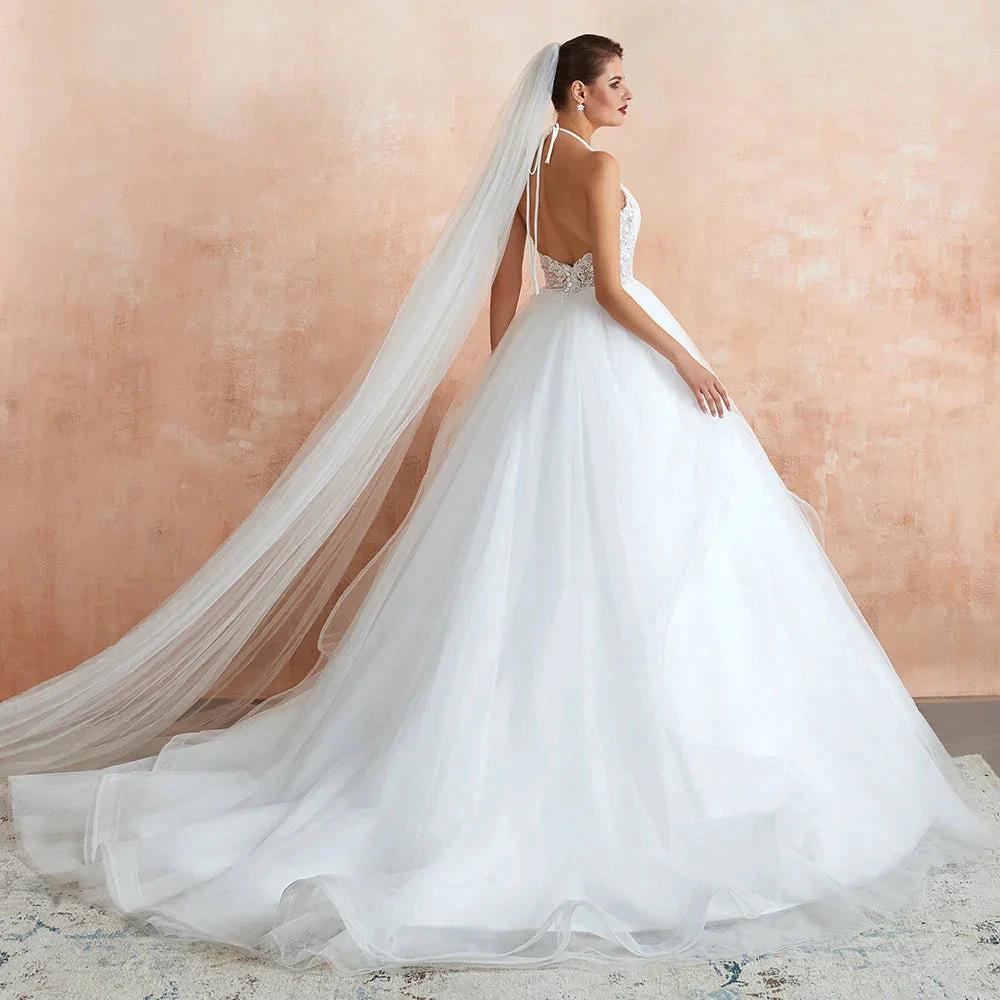 Long A-line Halter Open Back Appliques Tulle Wedding Dress (ZD14400)