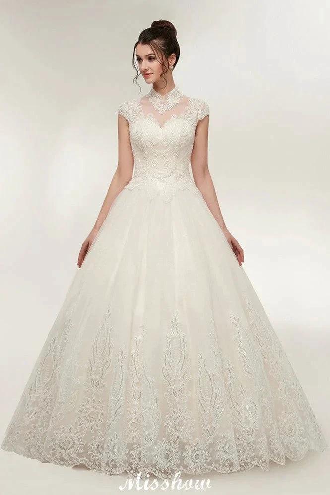 Long A-line High Neck Lace Appliques Short Sleeves Wedding Dresses with Lace-up (ZD13958)