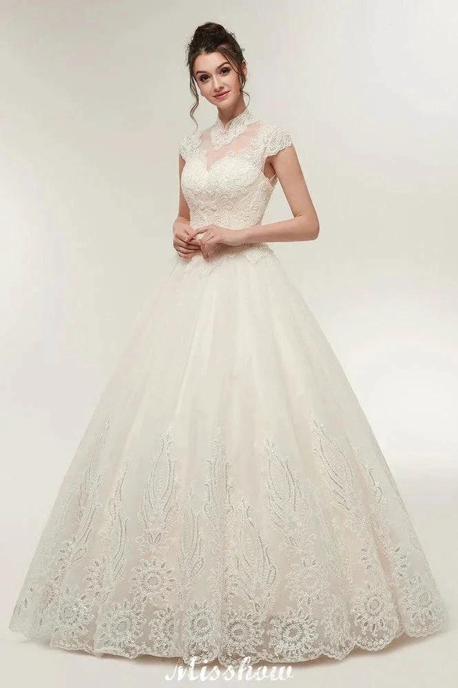 Long A-line High Neck Lace Appliques Short Sleeves Wedding Dresses with Lace-up (ZD13958)