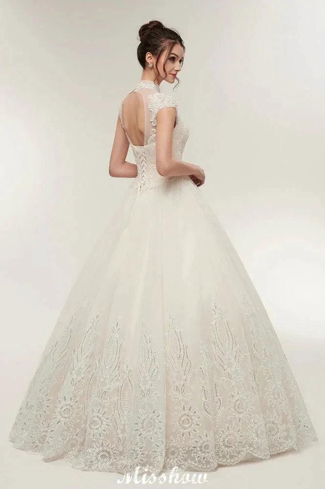 Long A-line High Neck Lace Appliques Short Sleeves Wedding Dresses with Lace-up (ZD13958)
