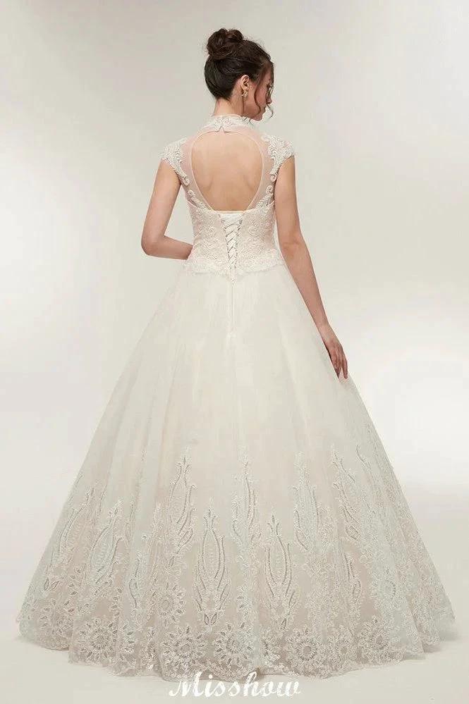 Long A-line High Neck Lace Appliques Short Sleeves Wedding Dresses with Lace-up (ZD13958)