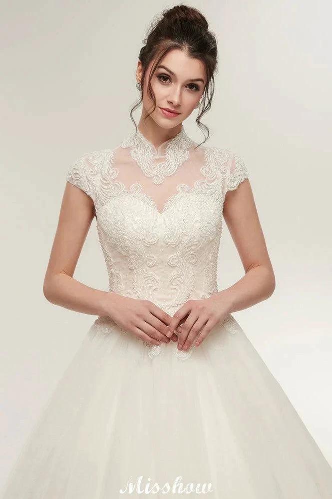 Long A-line High Neck Lace Appliques Short Sleeves Wedding Dresses with Lace-up (ZD13958)