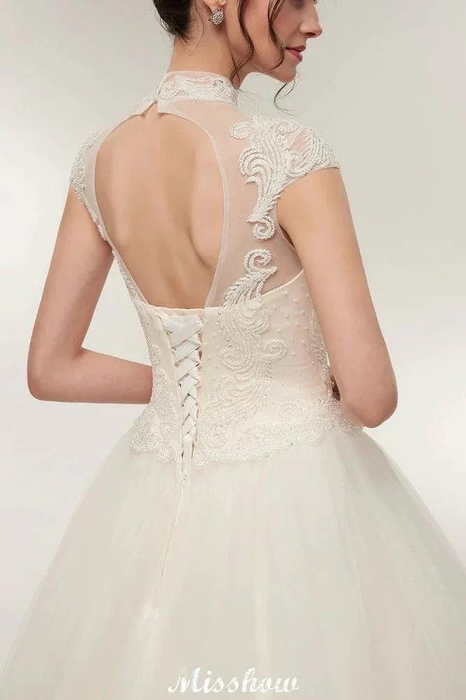 Long A-line High Neck Lace Appliques Short Sleeves Wedding Dresses with Lace-up (ZD13958)