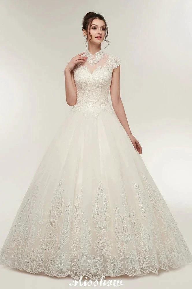 Long A-line High Neck Lace Appliques Short Sleeves Wedding Dresses with Lace-up (ZD13958) - VelvetHem