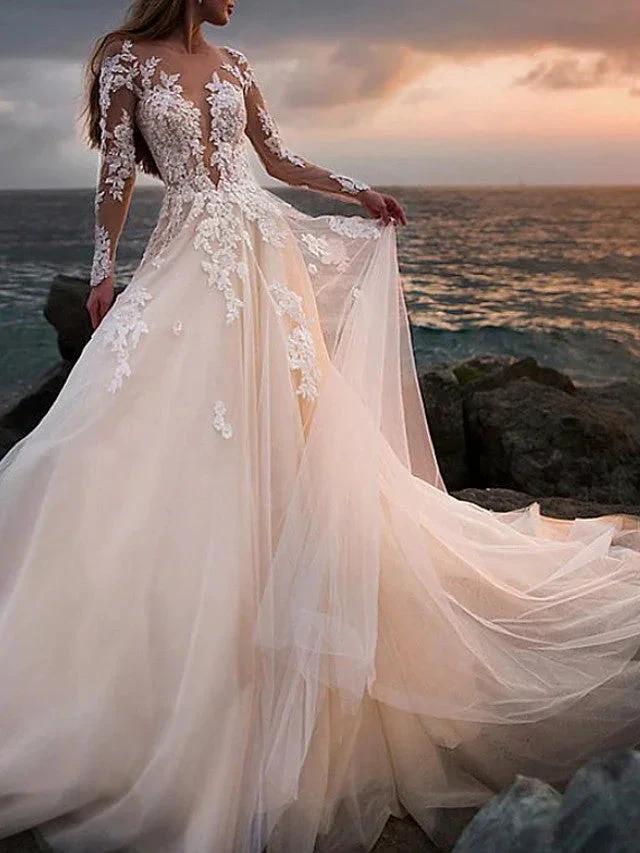 Long A-Line Jewel Neck Court Train Lace Tulle Wedding Dresses with Sleeves (ZD15952)