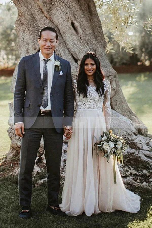Long A-line Lace Scoop Neck Tulle Wedding Dress with Sleeves (ZD14996)