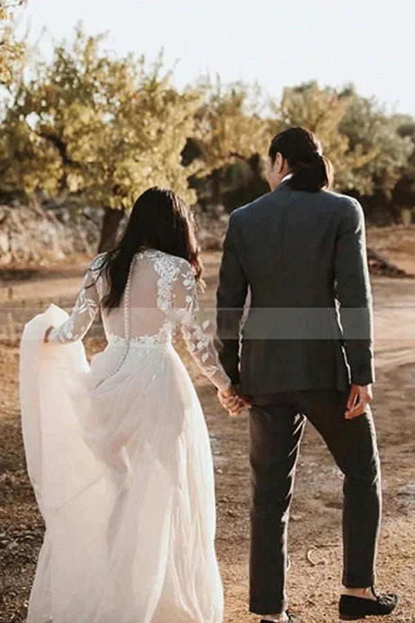 Long A-line Lace Scoop Neck Tulle Wedding Dress with Sleeves (ZD14996)