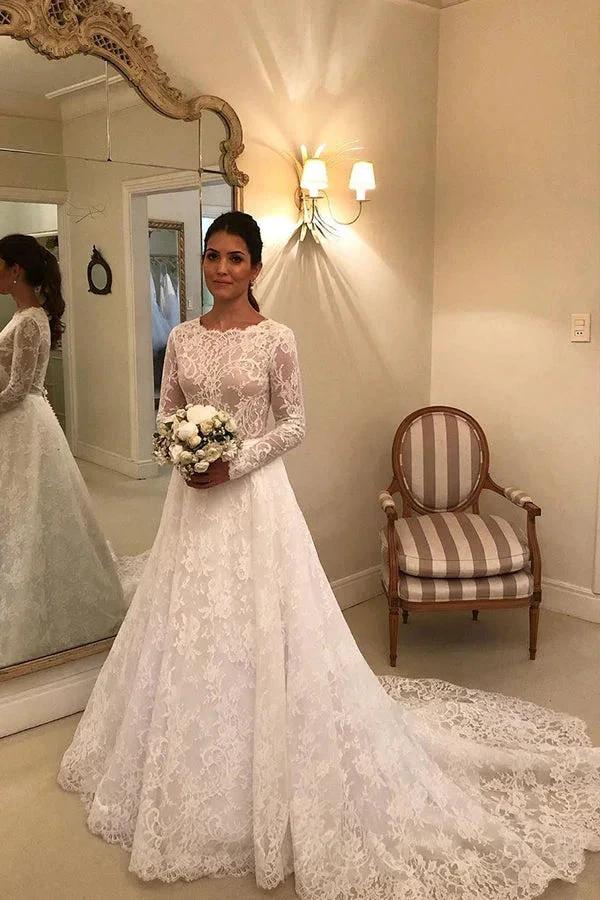 Long A-line Lace Wedding Dress with Sleeves (ZD15003)
