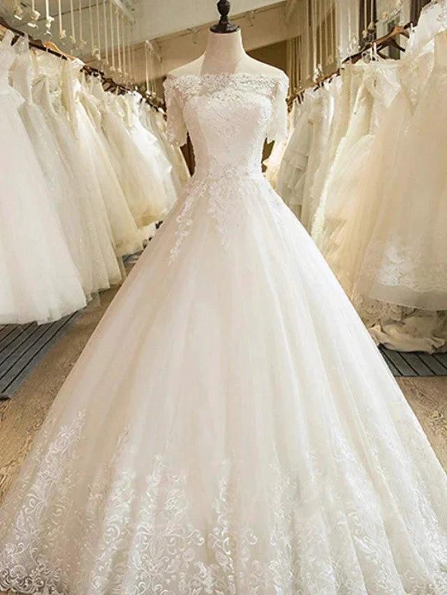 Long A-line Off Shoulder Court Train Lace Tulle Wedding Dresses with Sleeves (ZD15937)