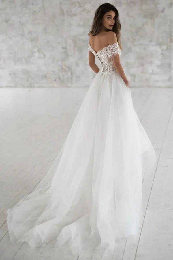 Long A-line Off the Shoulder Appliques Tulle Wedding Dress with Sleeves (ZD14397)