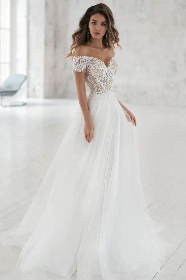 Long A-line Off the Shoulder Appliques Tulle Wedding Dress with Sleeves (ZD14397)