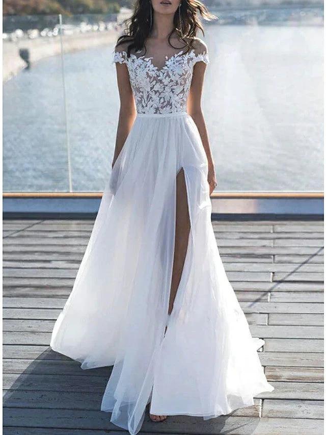 Long A-Line Off the Shoulder Lace Chiffon Wedding Dresses with Sleeves (ZD15958)
