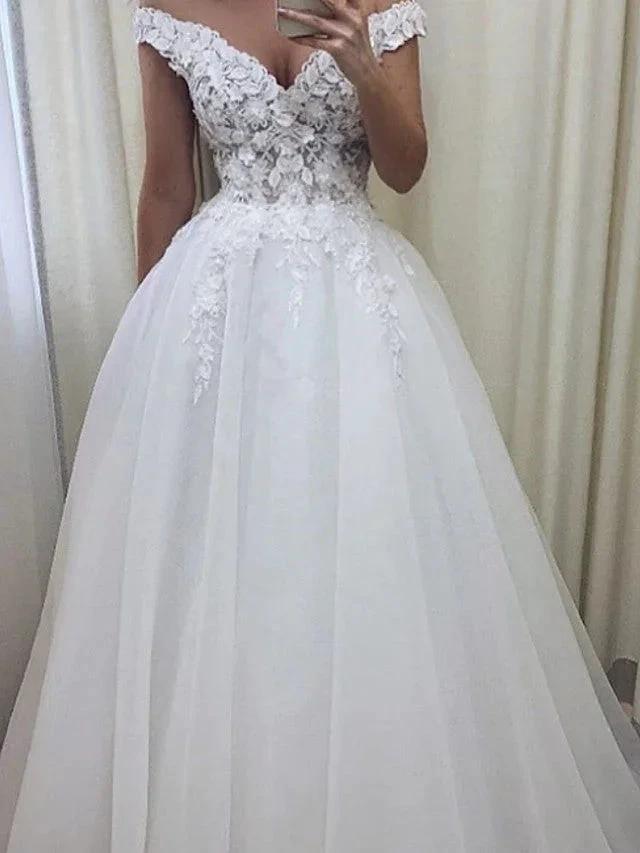 Long A-Line Off the Shoulder Lace Tulle Wedding Dresses (ZD15963)