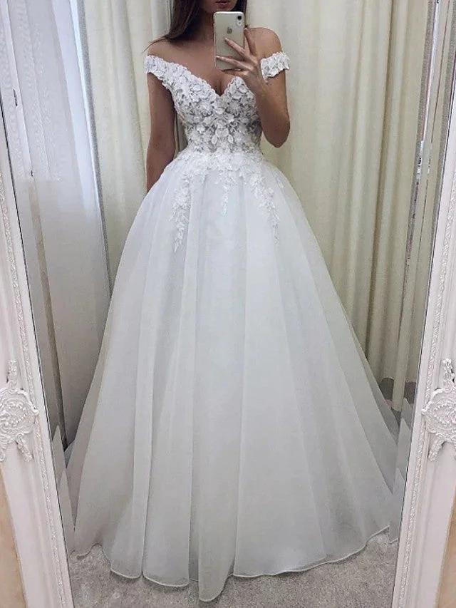 Long A-Line Off the Shoulder Lace Tulle Wedding Dresses (ZD15963)
