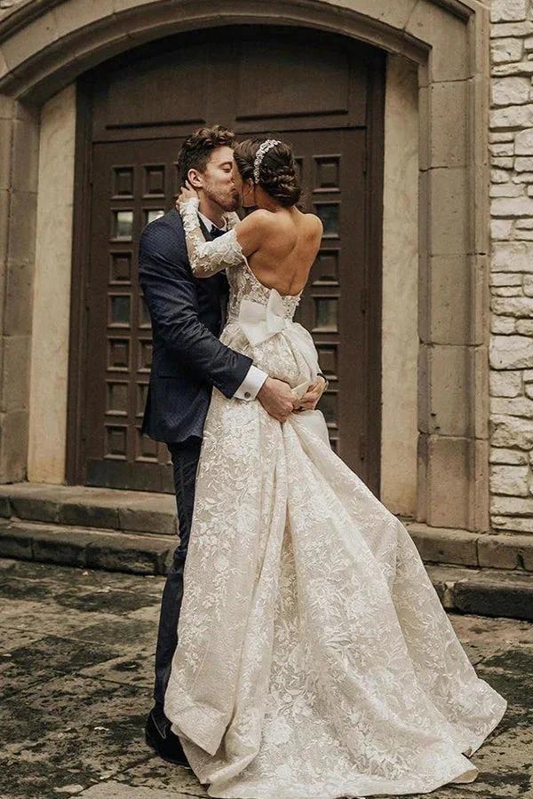 Long A-line Off The Shoulder Lace Wedding Dress With Sleeves (ZD14999) - View 2 | VelvetHem