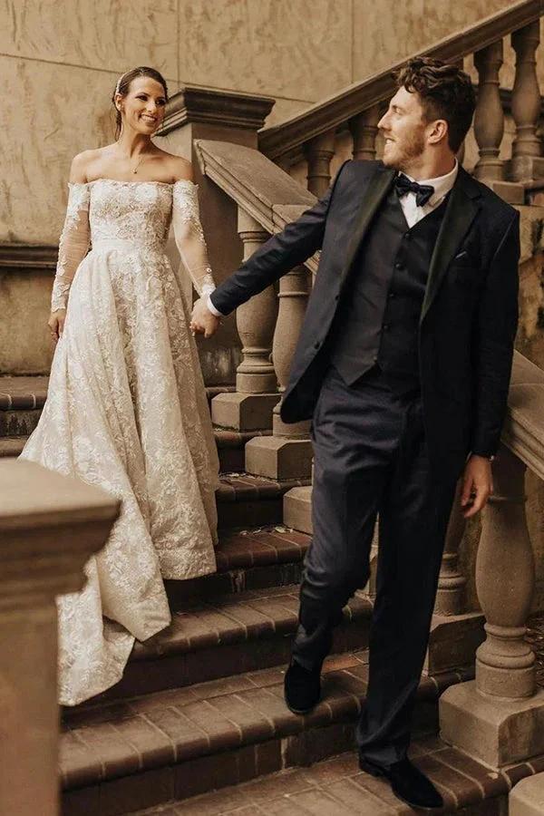 Long A-line Off The Shoulder Lace Wedding Dress With Sleeves (ZD14999)