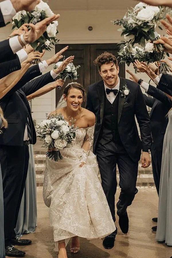 Long A-line Off The Shoulder Lace Wedding Dress With Sleeves (ZD14999)