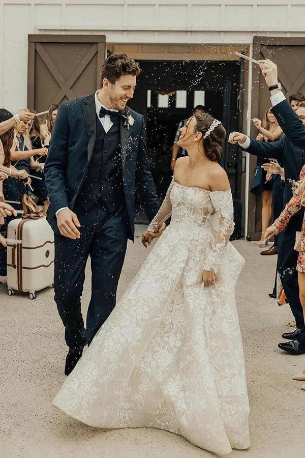 Long A-line Off The Shoulder Lace Wedding Dress With Sleeves (ZD14999)