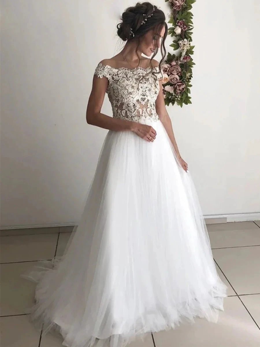Long A-line Off the Shoulder Round Neck Tulle Lace Wedding Dresses (ZD16738)