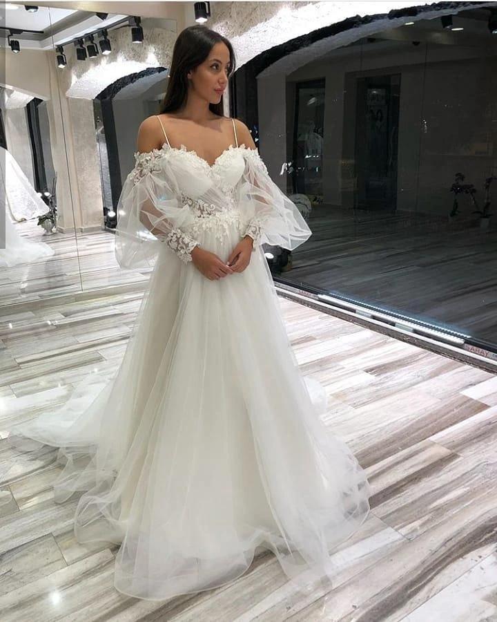 Long A-Line Off-the-Shoulder Sweetheart Appliques Lace Tulle Wedding Dresses with Sleeves (ZD15104)