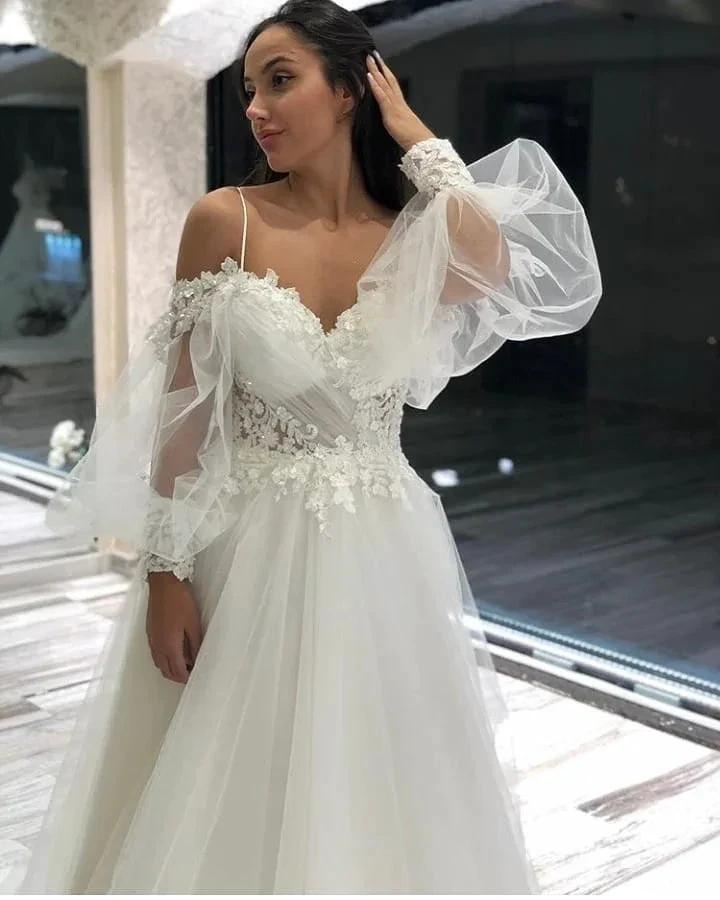 Long A-Line Off-the-Shoulder Sweetheart Appliques Lace Tulle Wedding Dresses with Sleeves (ZD15104)