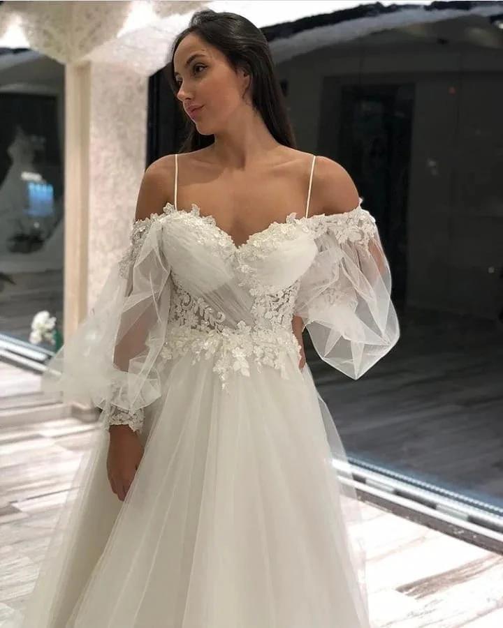 Long A-Line Off-the-Shoulder Sweetheart Appliques Lace Tulle Wedding Dresses with Sleeves (ZD15104)