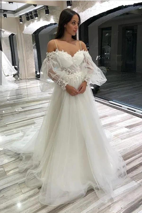 Long A-Line Off-the-Shoulder Sweetheart Appliques Lace Tulle Wedding Dresses with Sleeves (ZD15104)