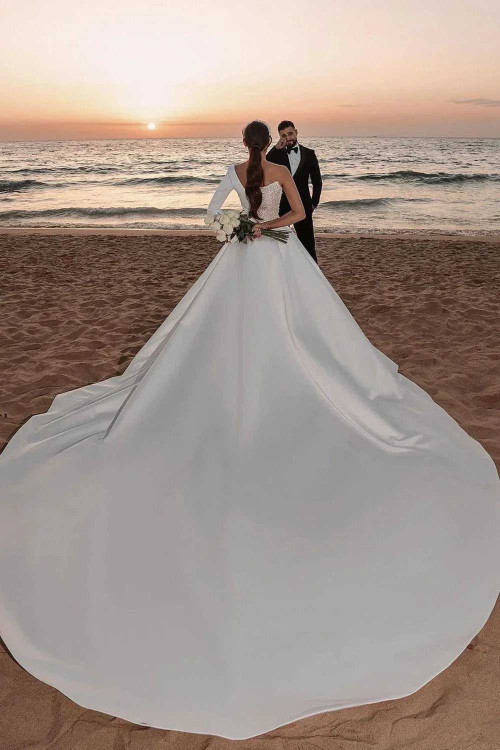 Long A-line One Shoulder Sequins Satin Wedding Dress with Sleeves (ZD15994)