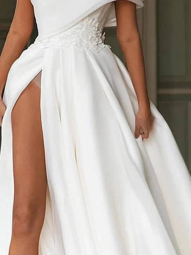 Long A-Line One Shoulder Sweep Brush Train Chiffon Wedding Dresses with Slit (ZD15941)