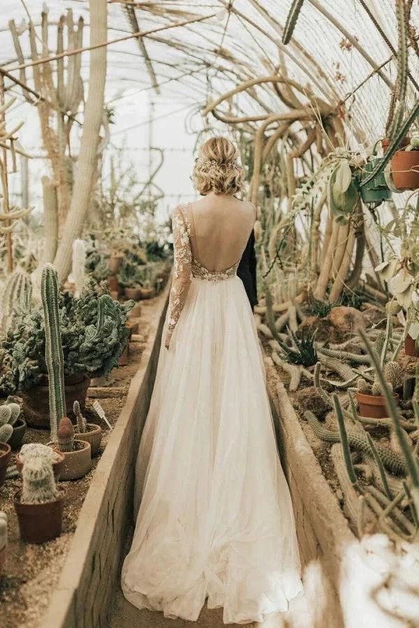 Long A-Line Open Back Chiffon Appliques Lace Wedding Dress with Sleeves (ZD15066) - View 2 | VelvetHem