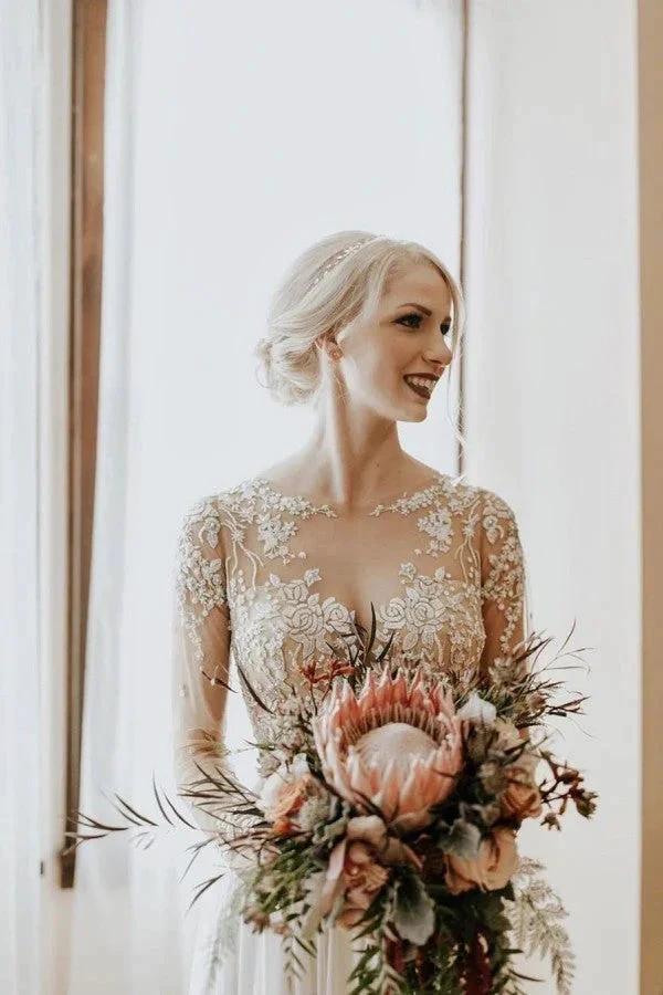 Long A-Line Open Back Chiffon Appliques Lace Wedding Dress with Sleeves (ZD15066)