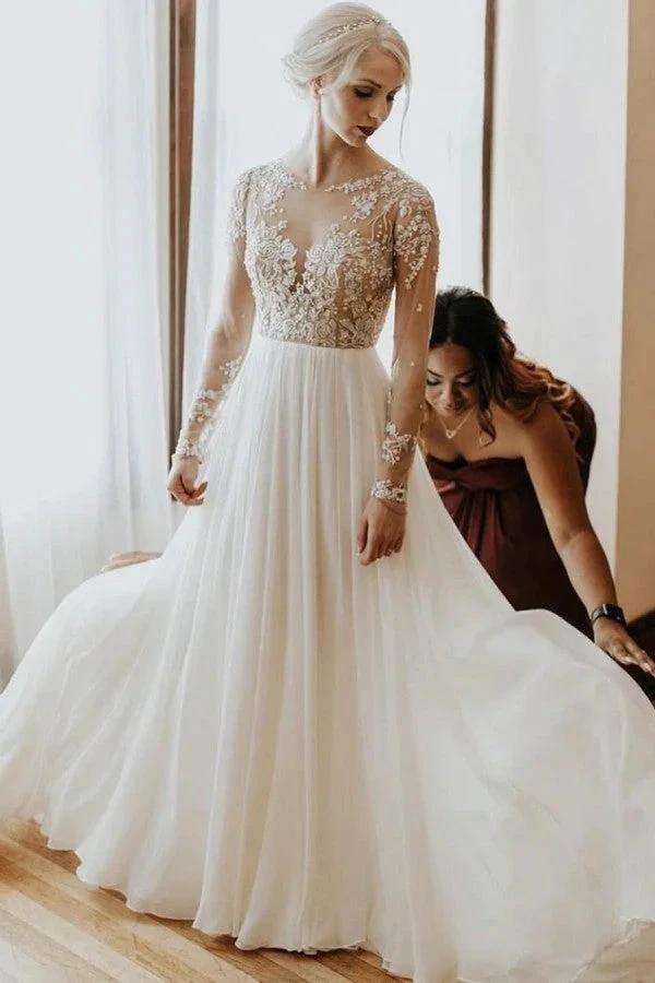 Long A-Line Open Back Chiffon Appliques Lace Wedding Dress with Sleeves (ZD15066)