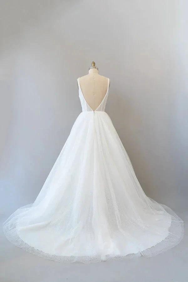 Long A-line Open Back Sequins Tulle Backless Wedding Dress (ZD15783)