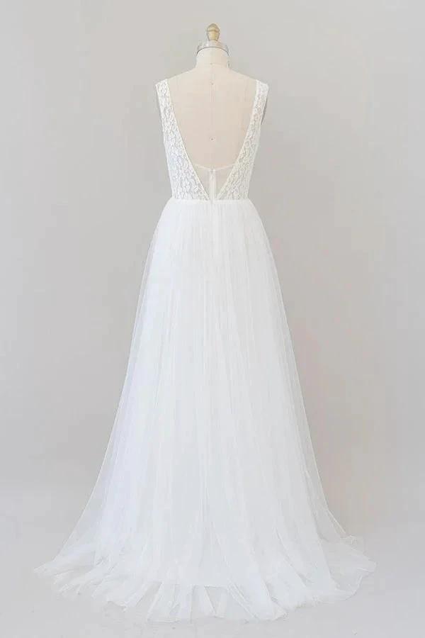Long A-line Open Back V-neck Lace Tulle Wedding Dress (ZD14377)